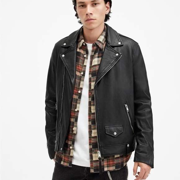All Saints Milo Asymmetric Zip Leather Biker Jacket size Large. - Picture 5 of 13